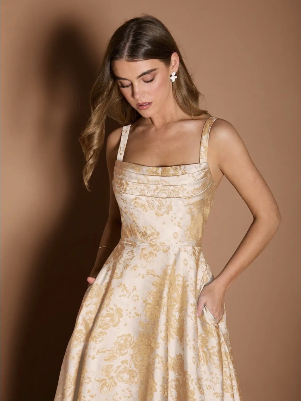 Azazie Gold and Cream Floral Jacquard Maxi Dress - Picture 4 of 9